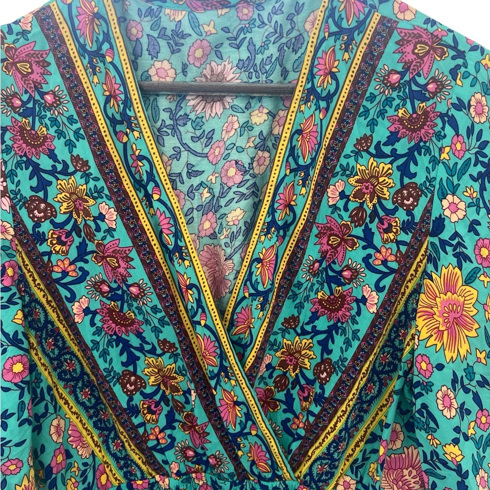 Cupshe Floral Boho Mini Dress Women Sz L V Neck Flutter Sleeve Beach Vacation - Picture 2 of 7